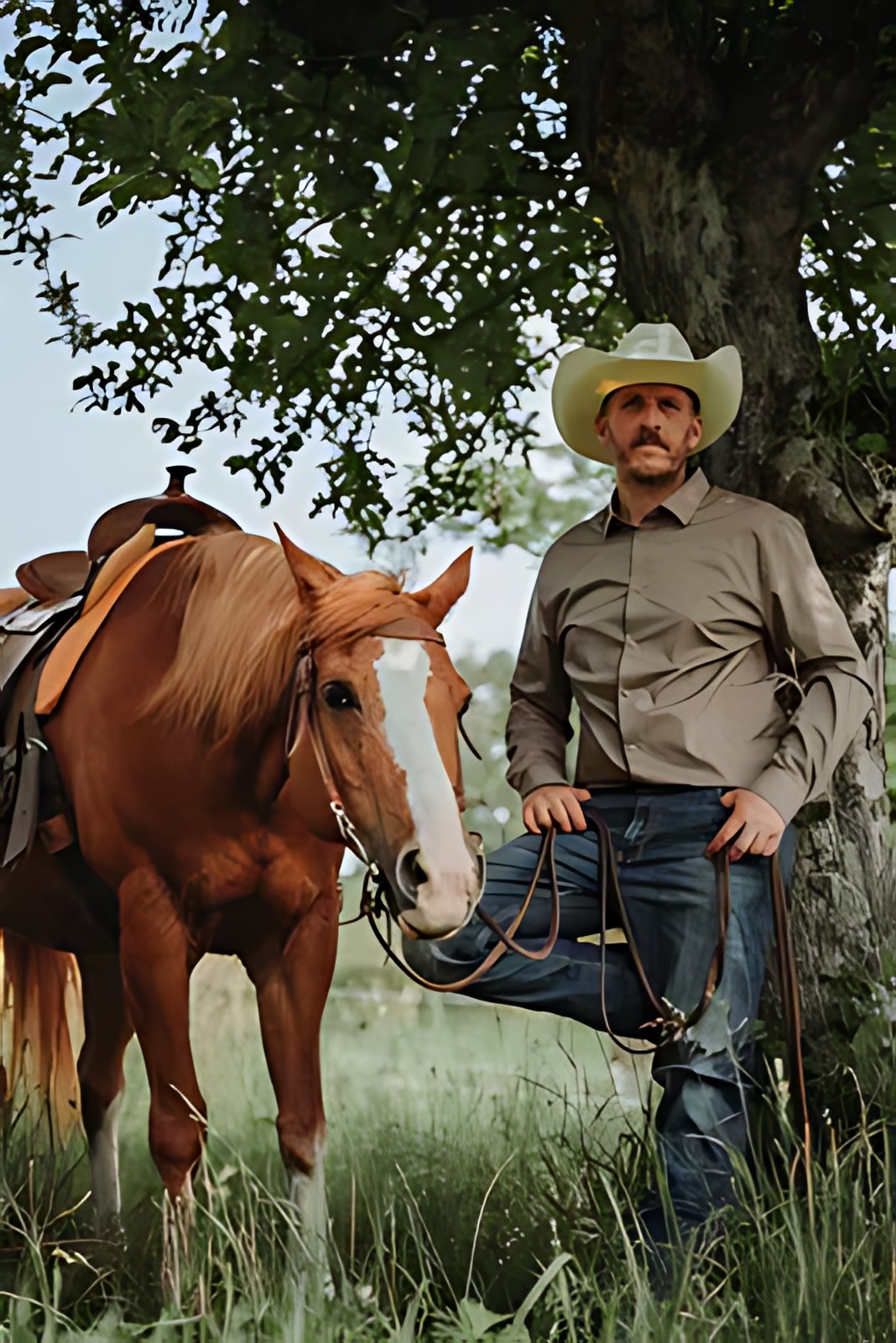 Mathias Schaffer mit Pferd unter einem Baum